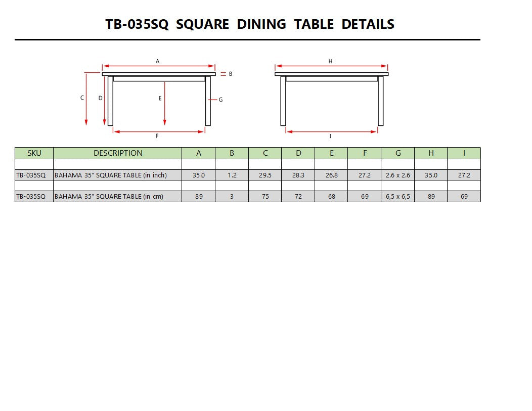 BAHAMA 35″ SQUARE BISTRO TABLE