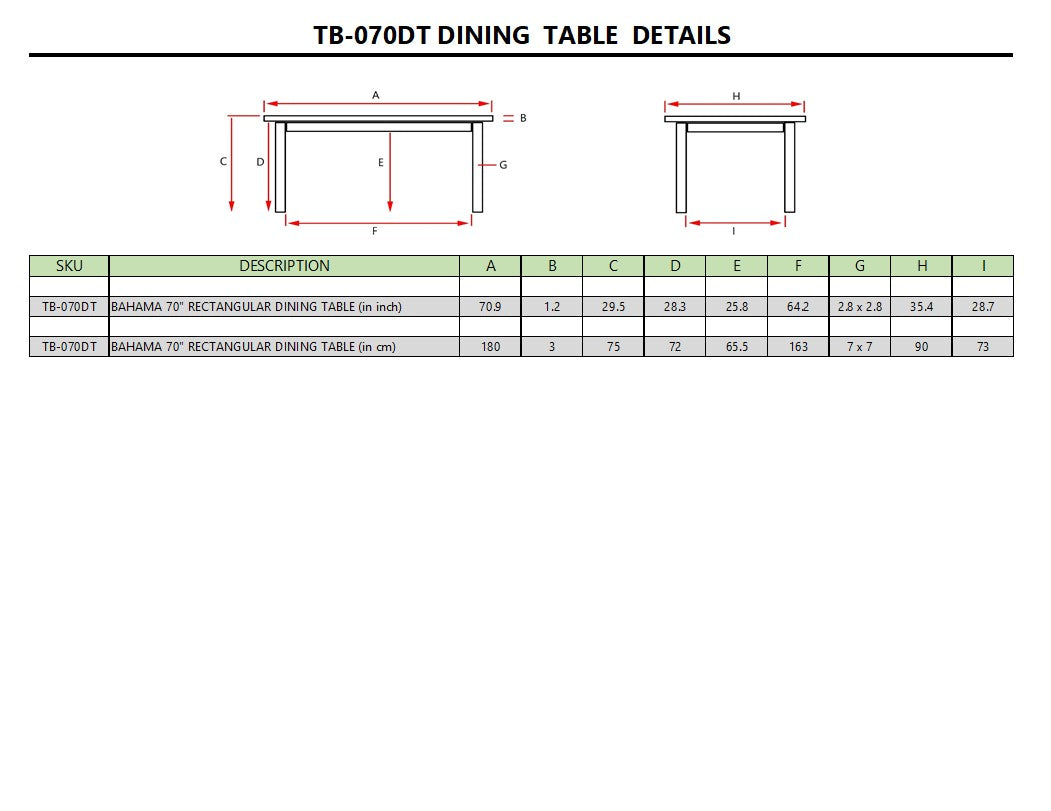 BAHAMA 70″ RECTANGULAR DINING TABLE