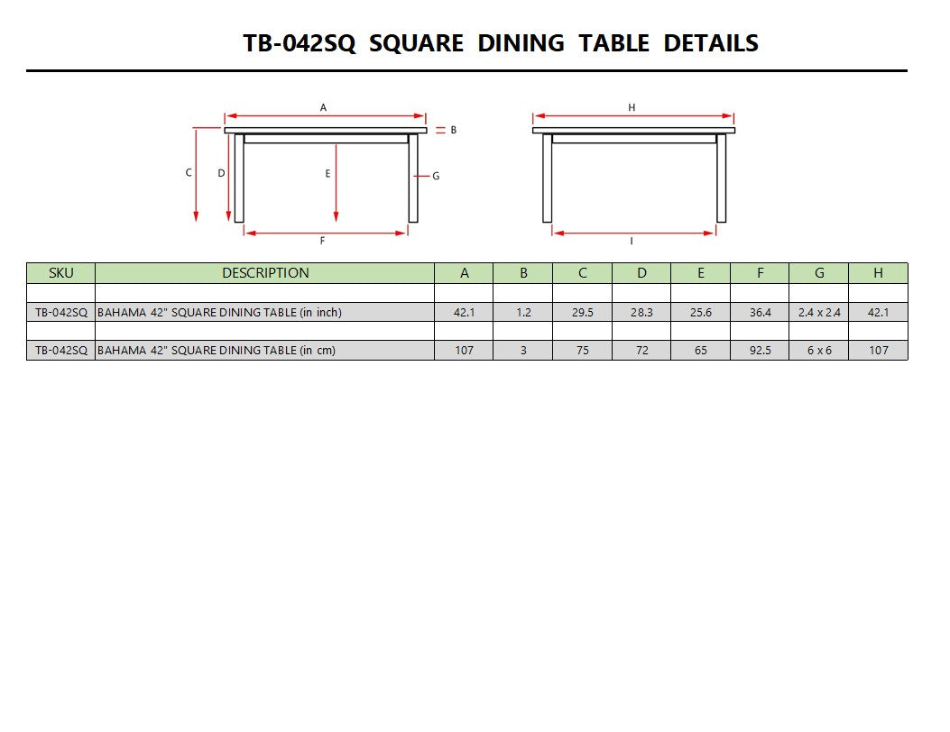 BAHAMA 42" SQUARE DINING TABLE