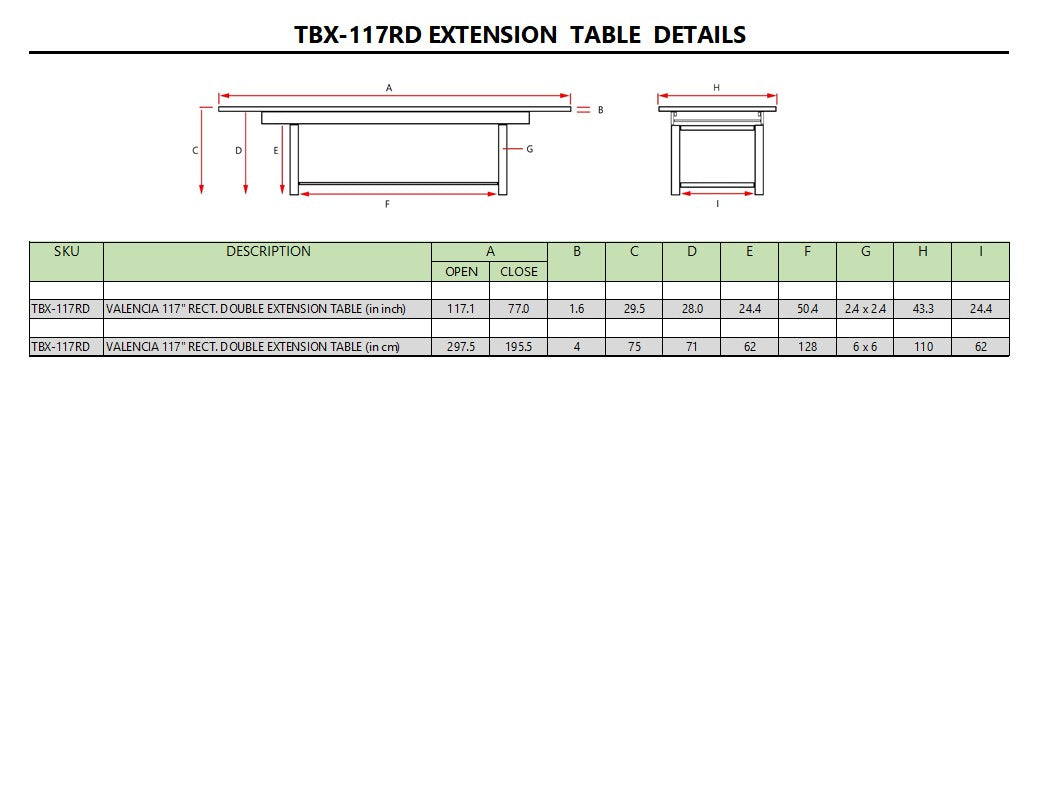 VALENCIA 117″ RECTANGULAR DOUBLE EXTENSION TABLE